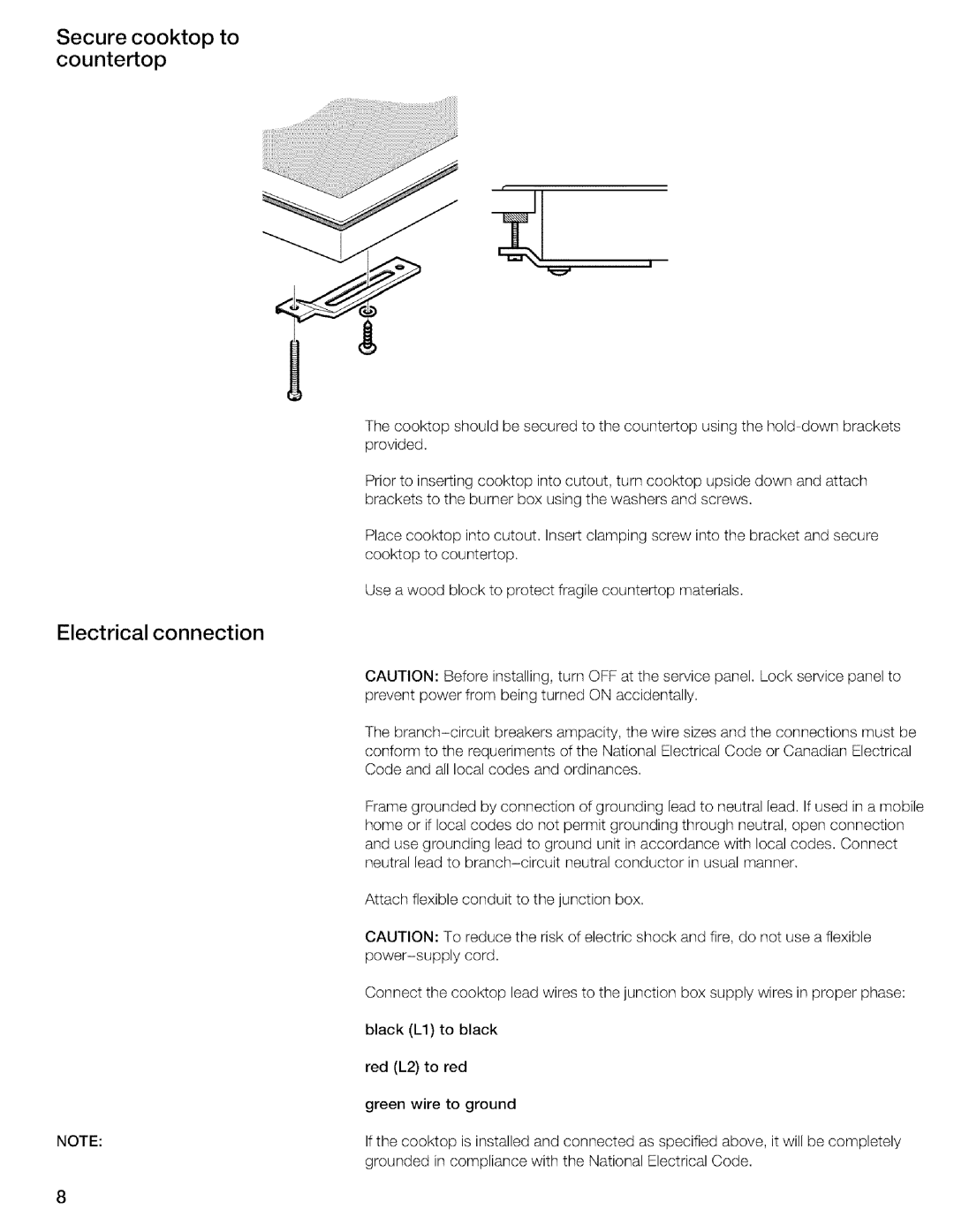 Thermador CIT304DS, CIT304EM installation instructions Secure cooktop to countertop Electrical connection 