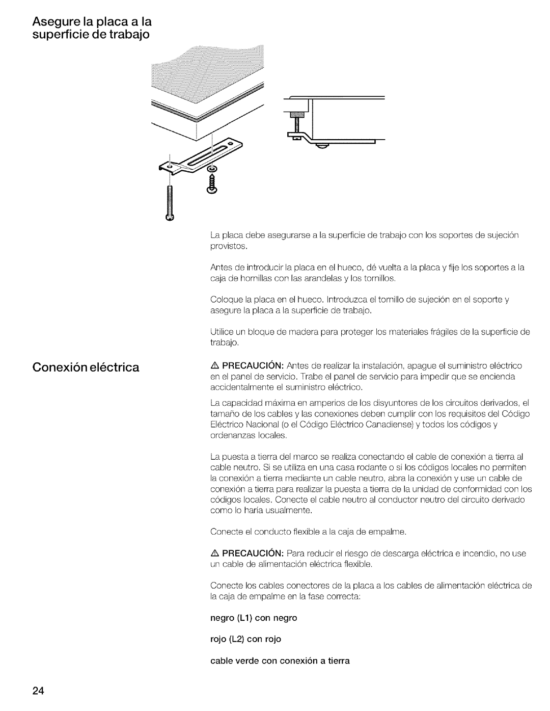 Thermador CIT304DS, CIT304EM installation instructions Asegure la placa a la superficie de trabajo, Conexion electrica 