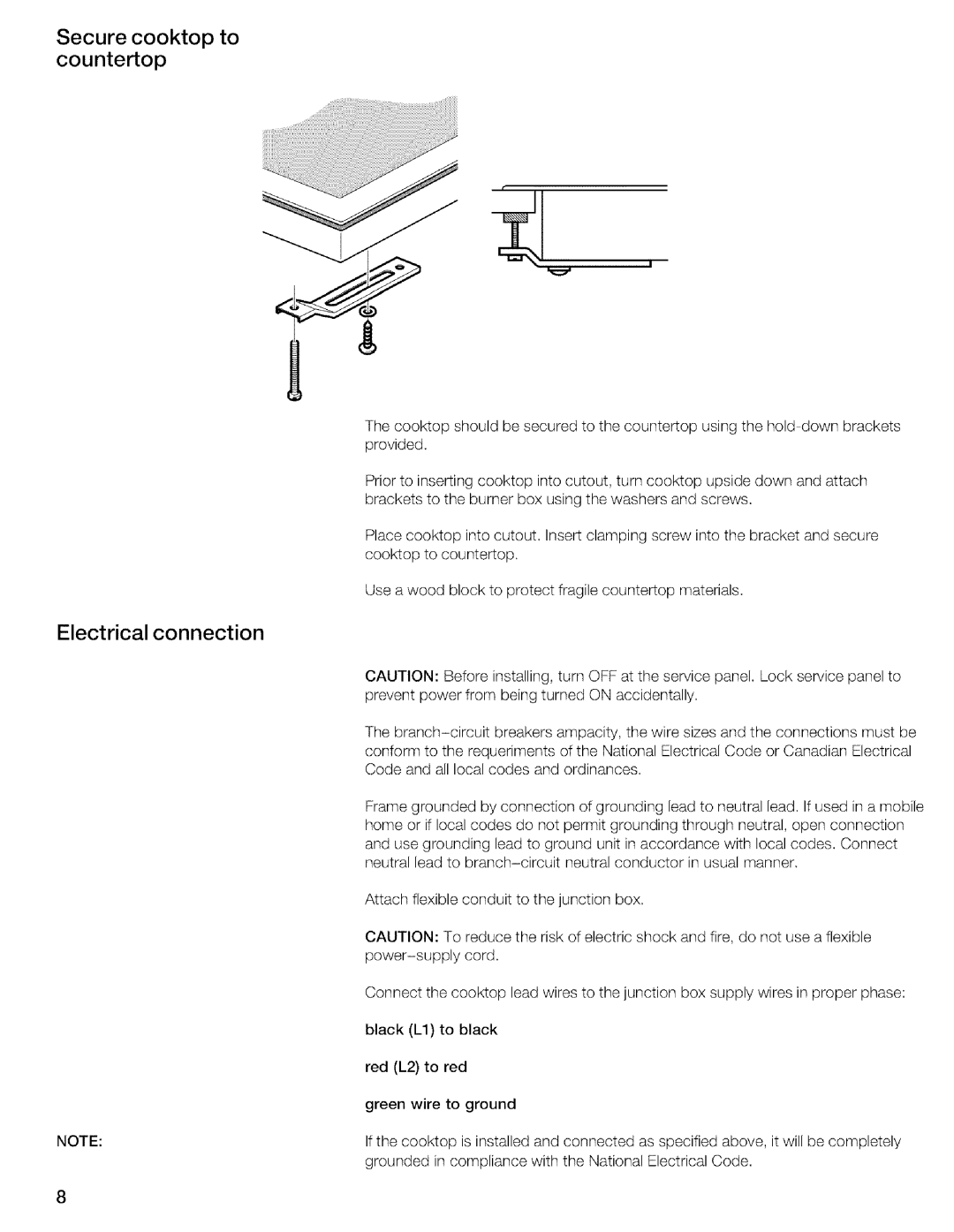 Thermador CIT304DS, CIT304EM installation instructions Secure cooktop to countertop, Electrical connection 
