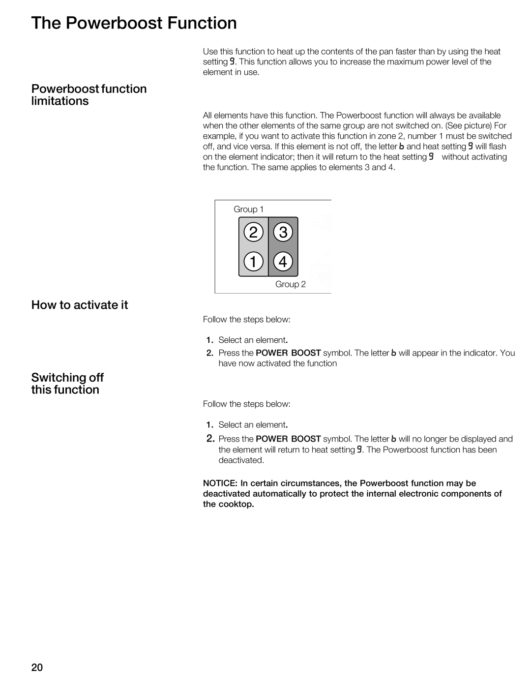 Thermador CIT304GB Powerboost Function, Powerboost function limitations, How to activate it, Switching off this function 