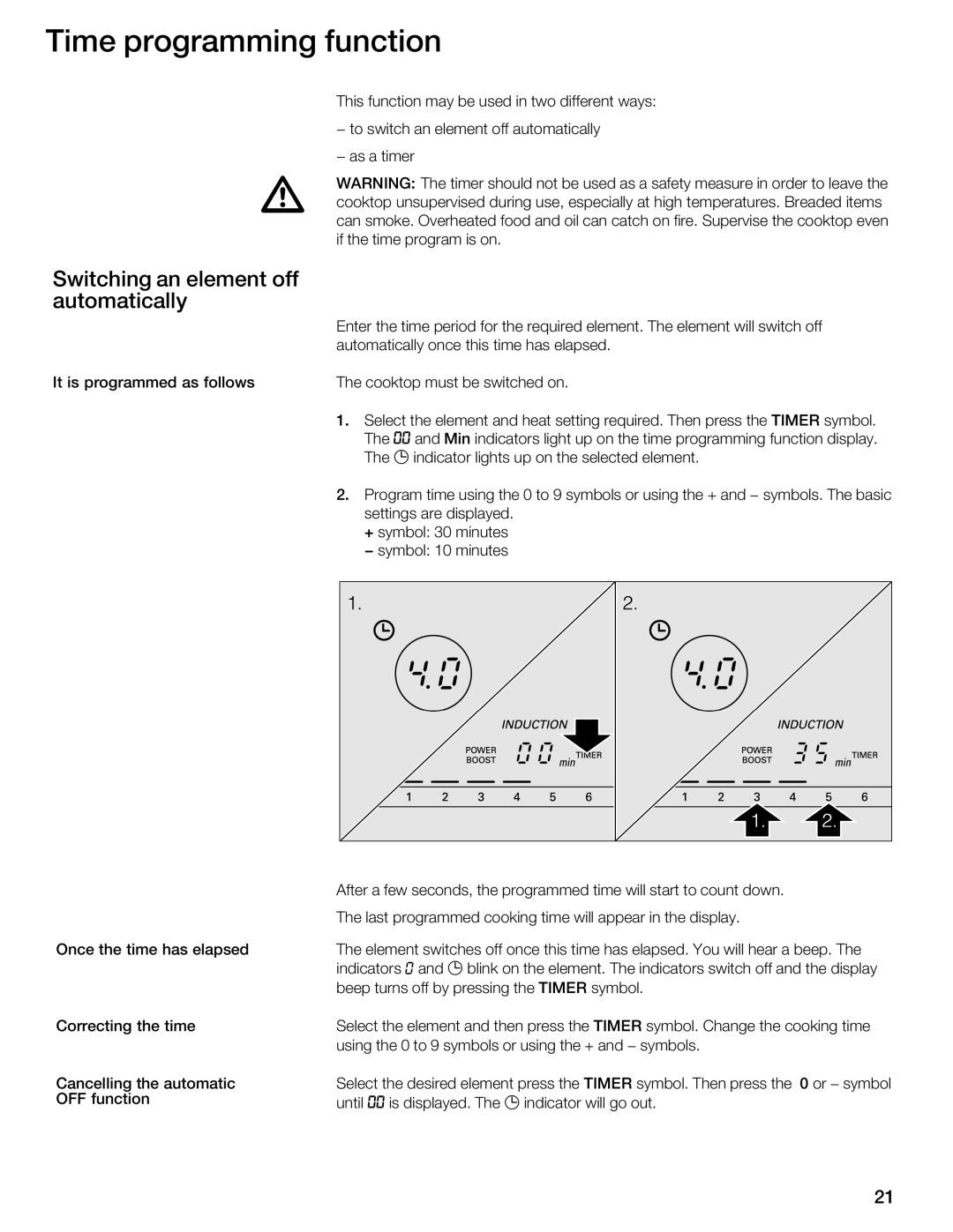 Thermador CIT304GM, CIT304GB manual Time programming function, Switching an element off automatically 