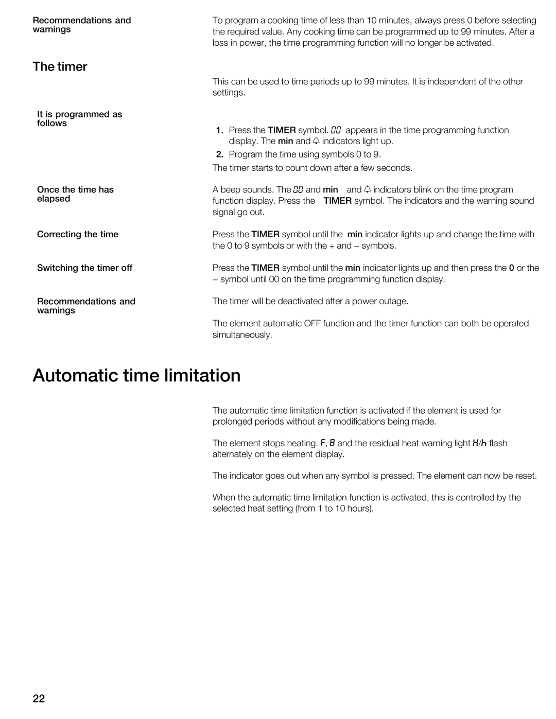 Thermador CIT304GB, CIT304GM manual Automatic time limitation, Timer 