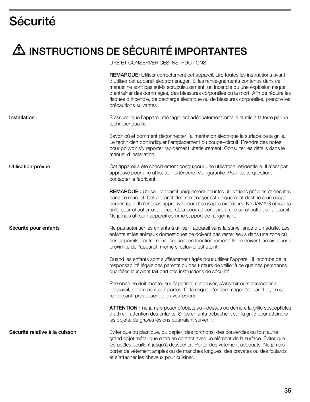 Thermador CIT304GM, CIT304GB manual ISécurité, Instructions DE Sécurité Importantes, Lire ET Conserver CES Instructions 