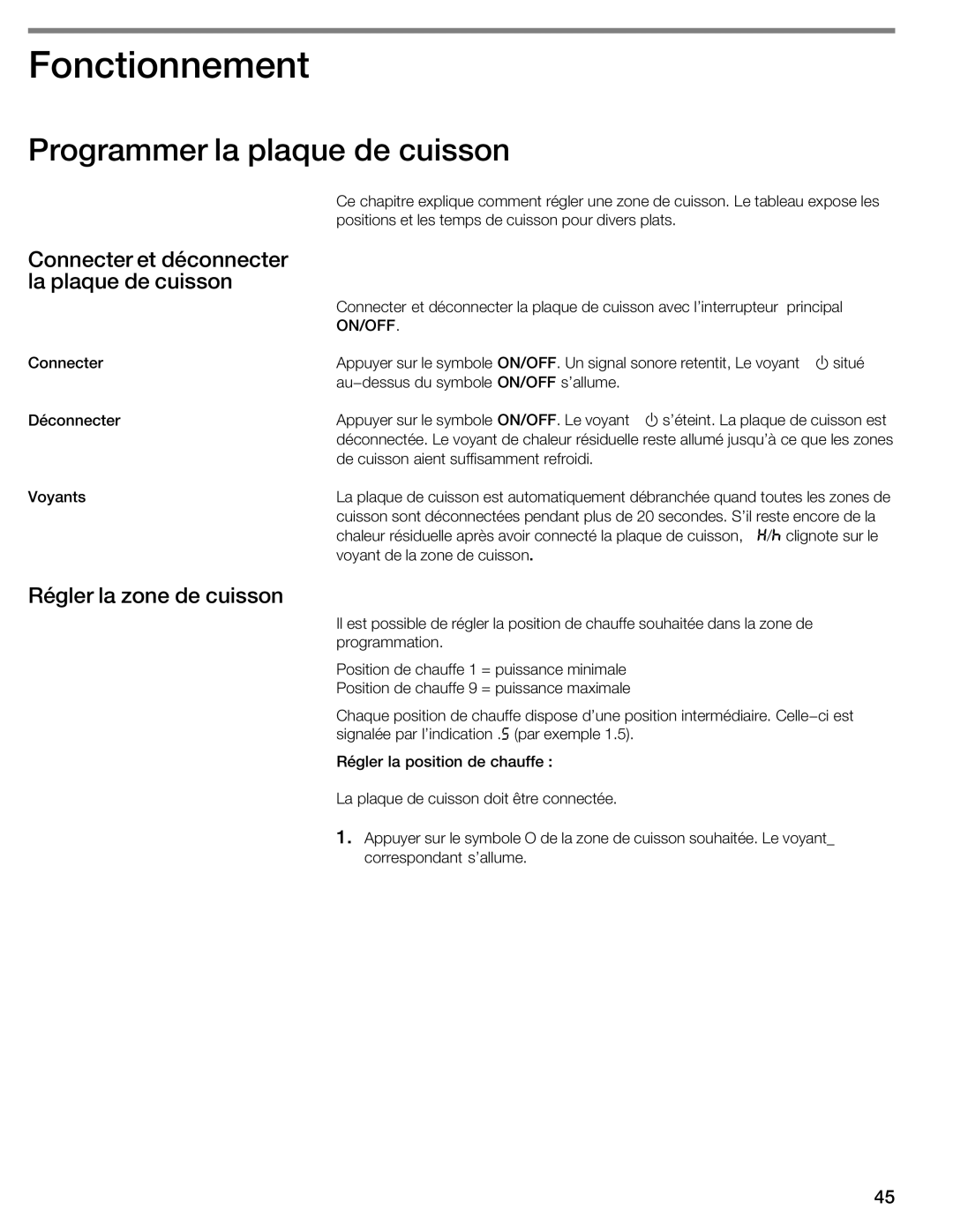 Thermador CIT304GM manual IFonctionnement, Programmer La plaque Cuisson, Connecter Déconnecter La plaque Cuisson, On/Off 