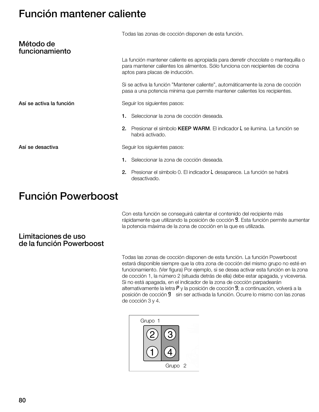 Thermador CIT304GB, CIT304GM manual Función mantener caliente, Función Powerboost, Método de funcionamiento 