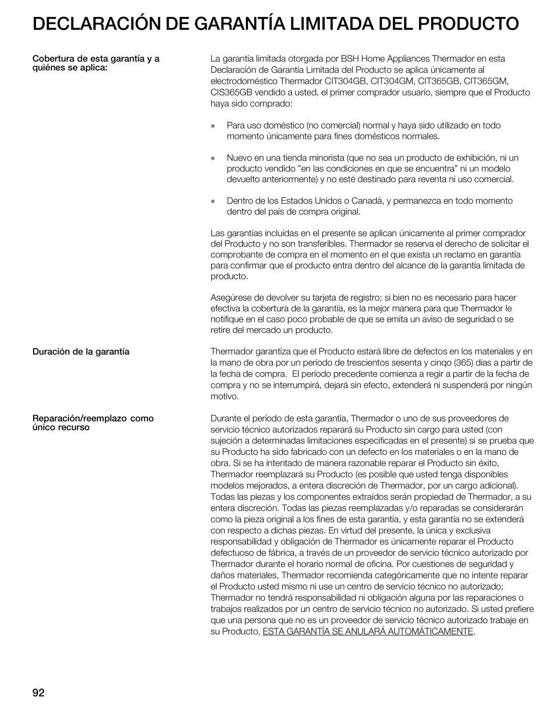 Thermador CIT304GB, CIT304GM manual Declaración DE Garantía Limitada DEL Product, Anulará Automáticamente 