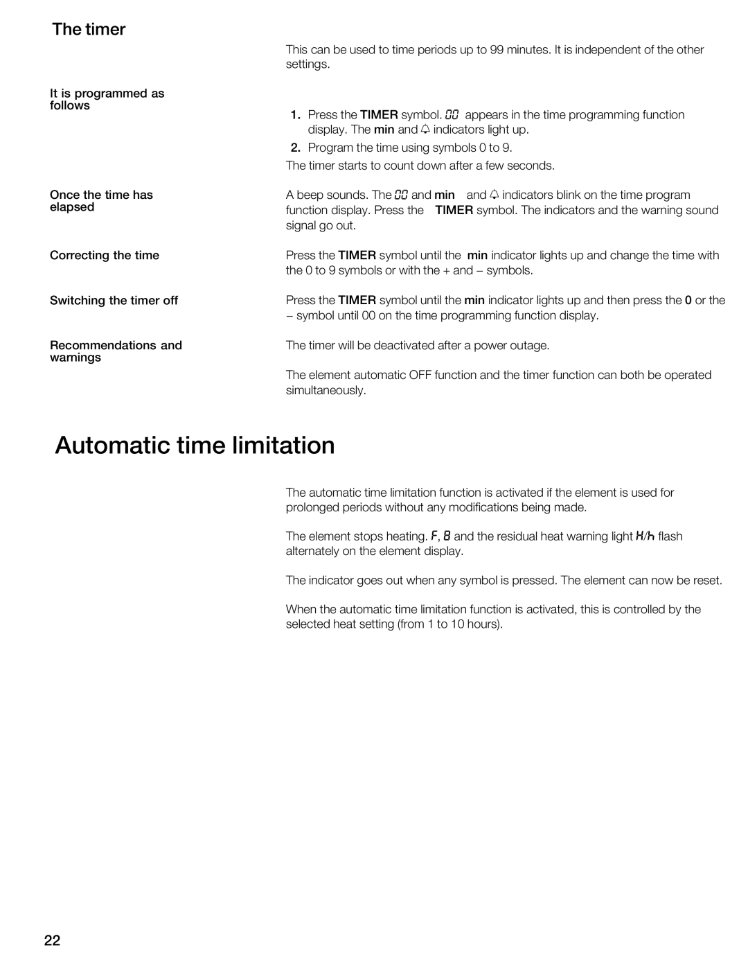 Thermador CIT365GB, CIT365GM manual Automatic time limitation, Timer 