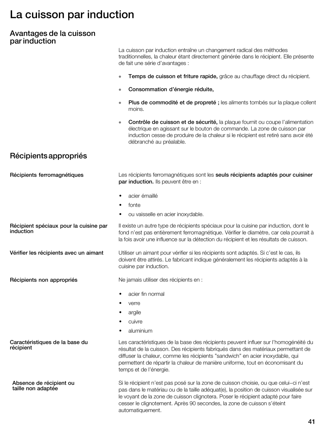 Thermador CIT365GM, CIT365GB manual La cuisson par induction, Avantages de la cuisson par induction, Récipients appropriés 