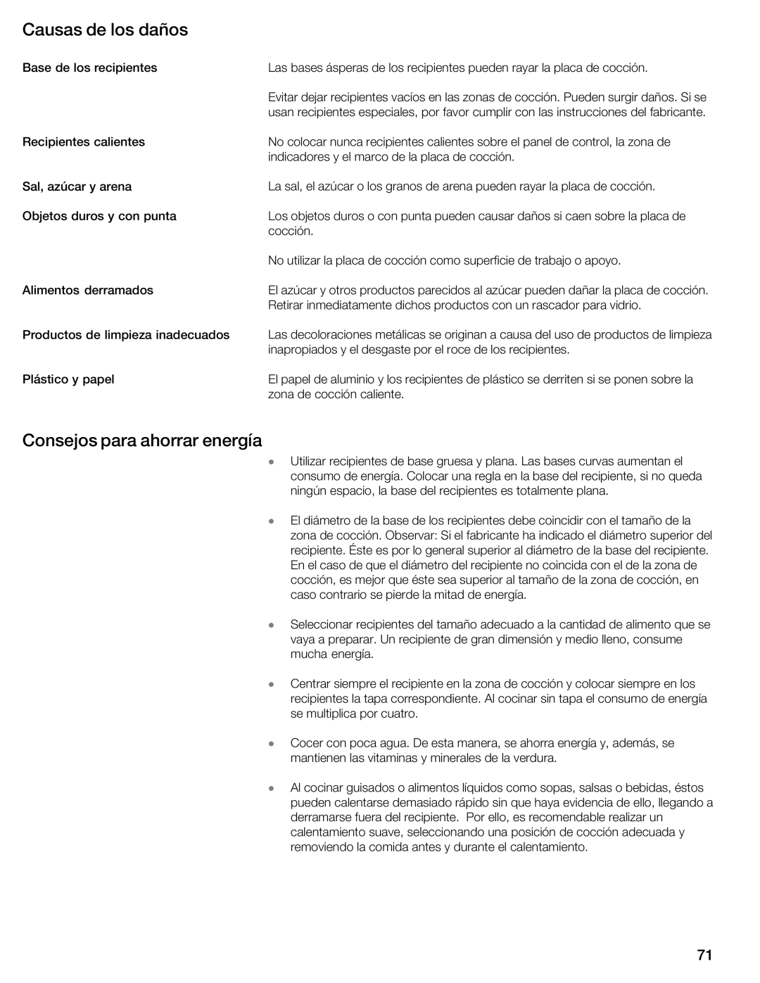 Thermador CIT365GM, CIT365GB manual Causas De los daños, Consejos para ahorrar energía 