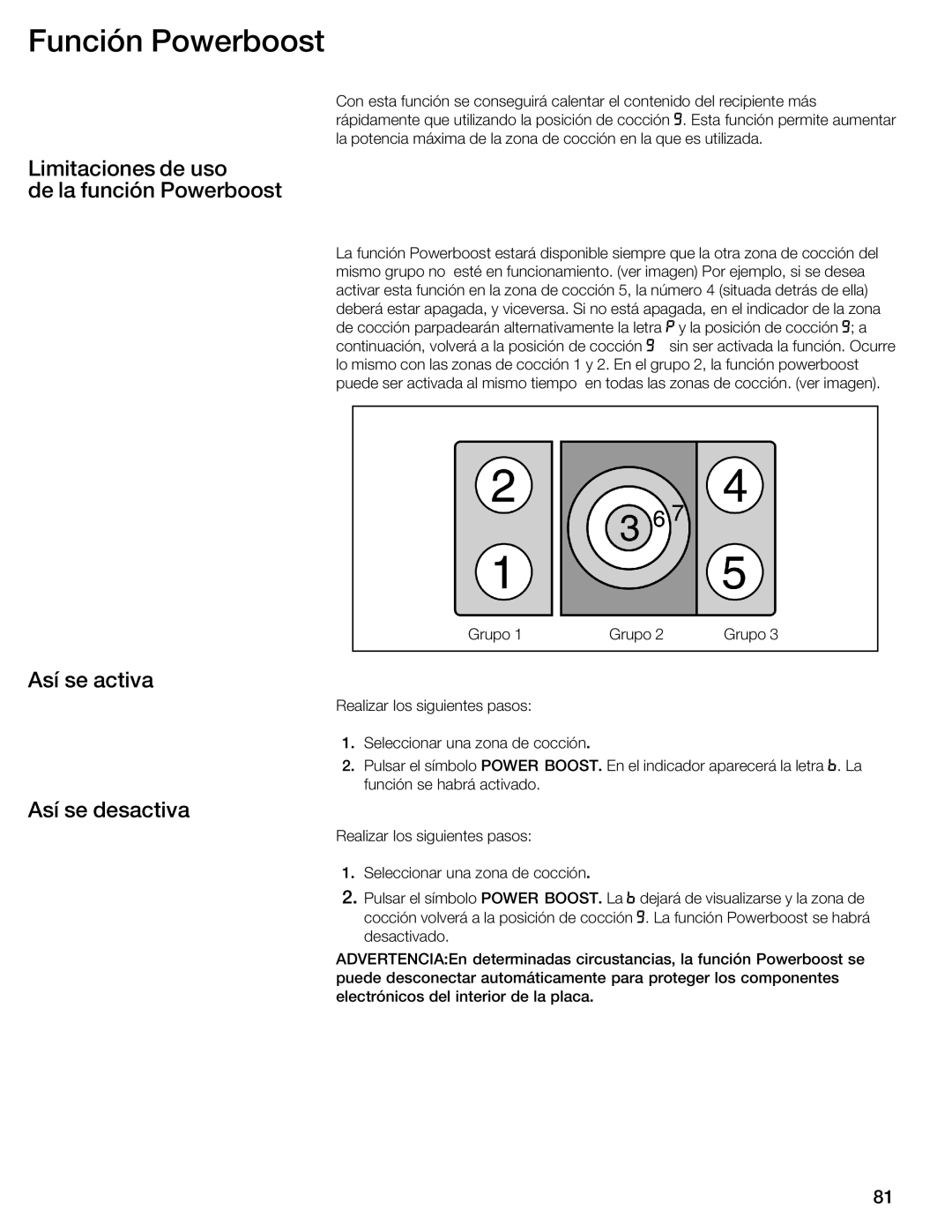 Thermador CIT365GM manual Función Powerboost, Limitaciones de uso De la función Powerboost, Así se activa, Así se desactiva 