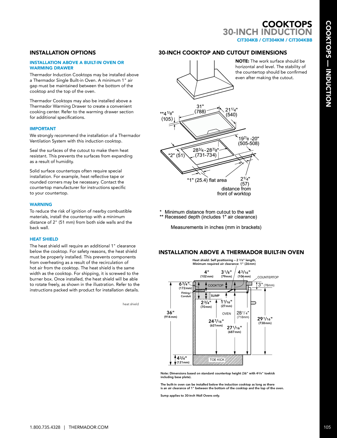 Thermador CIT36XKB manual Cooktops 30-INCH Induction, CIT304KB / CIT304KM / CIT304KBB 