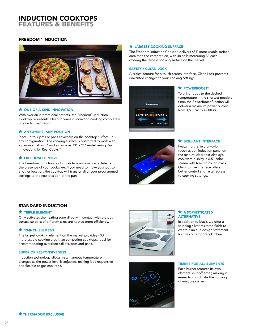 Thermador CIT36XKB manual Induction Cooktops Features & Benefits, Freedom Induction, Standard Induction 