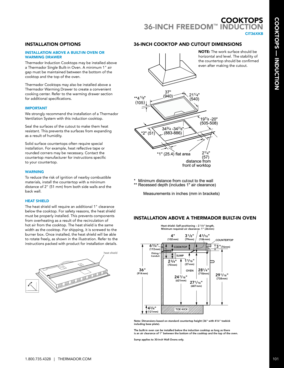 Thermador CIT36XKB manual Cooktops 36-INCH Freedom Induction, Installation Options, Heat Shield 