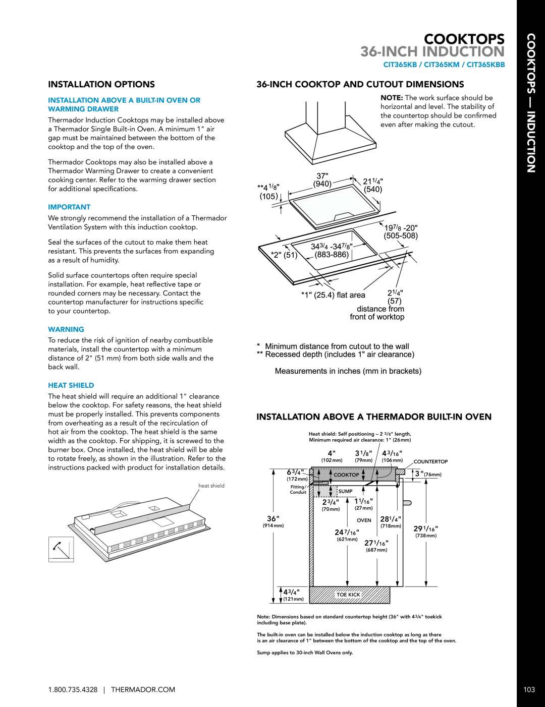 Thermador CIT36XKB manual COOKTOPS 36-INCHINDUCTION, Cooktops - Induction, Installation Options, Heat Shield 