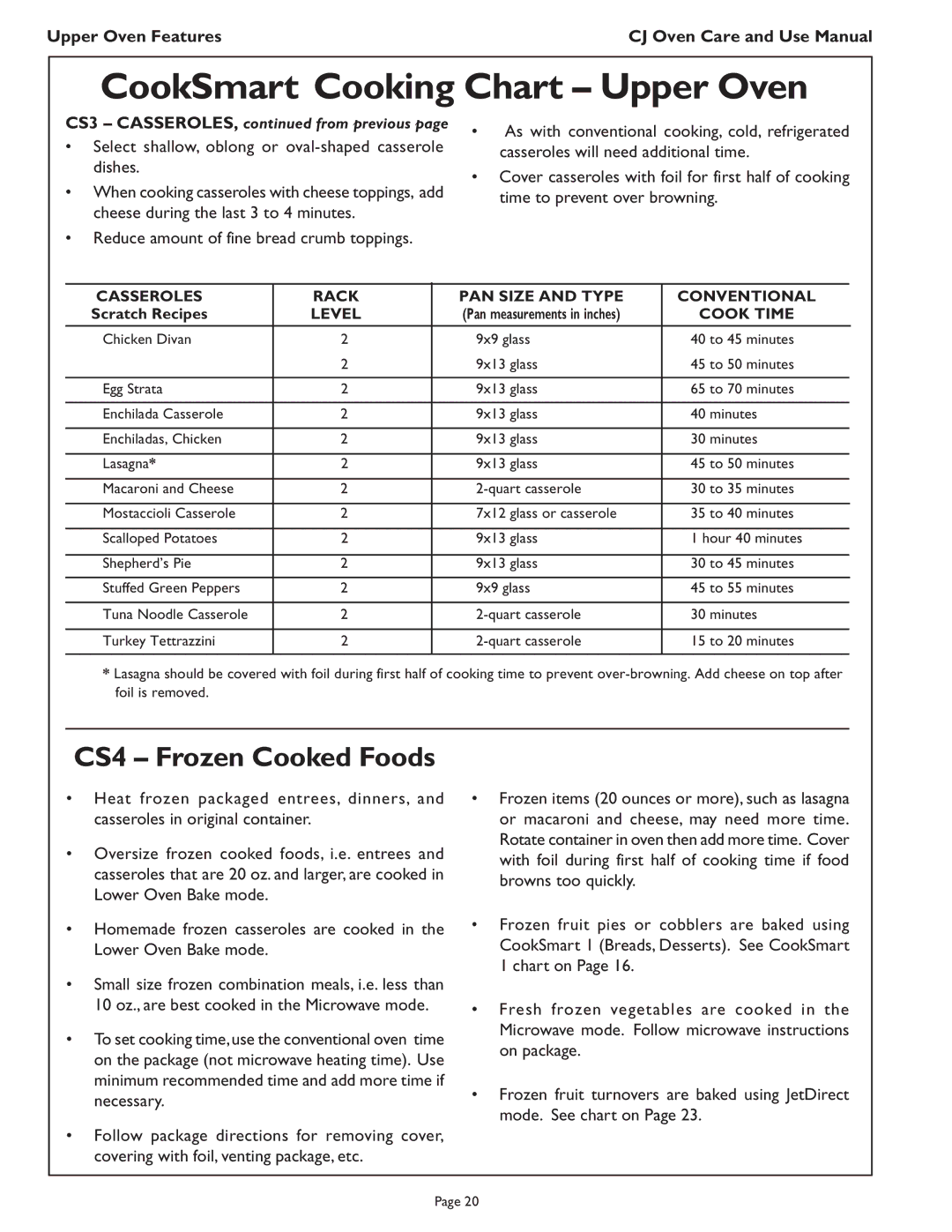 Thermador CJ302 manual CS4 Frozen Cooked Foods, Select shallow, oblong or oval-shaped casserole dishes, Scratch Recipes 