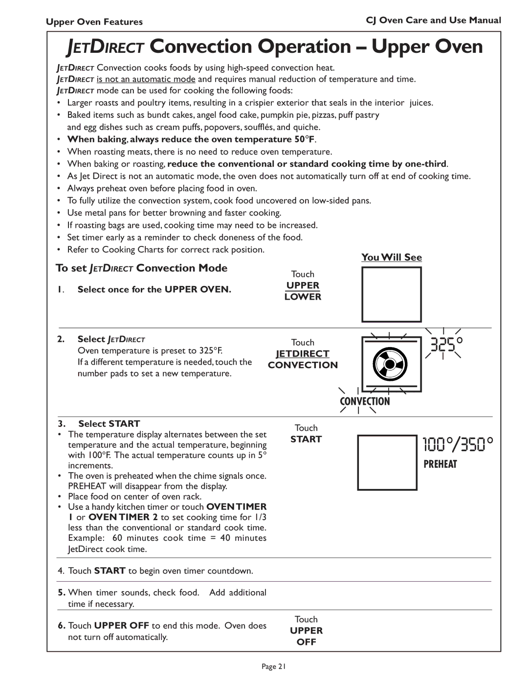 Thermador CJ302 manual Jetdirect Convection Operation Upper Oven, To set J ET D Irect Convection Mode 