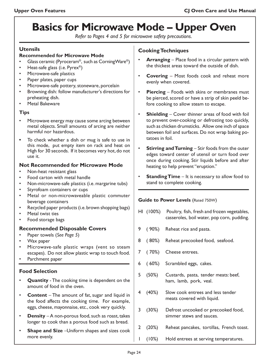 Thermador CJ302 manual Basics for Microwave Mode Upper Oven 