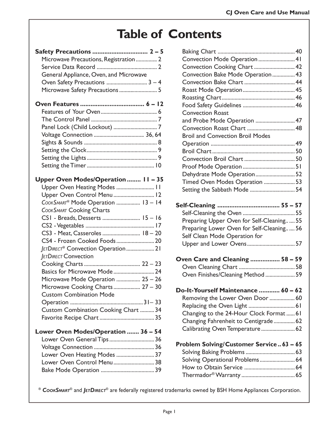 Thermador CJ302 manual Table of Contents 