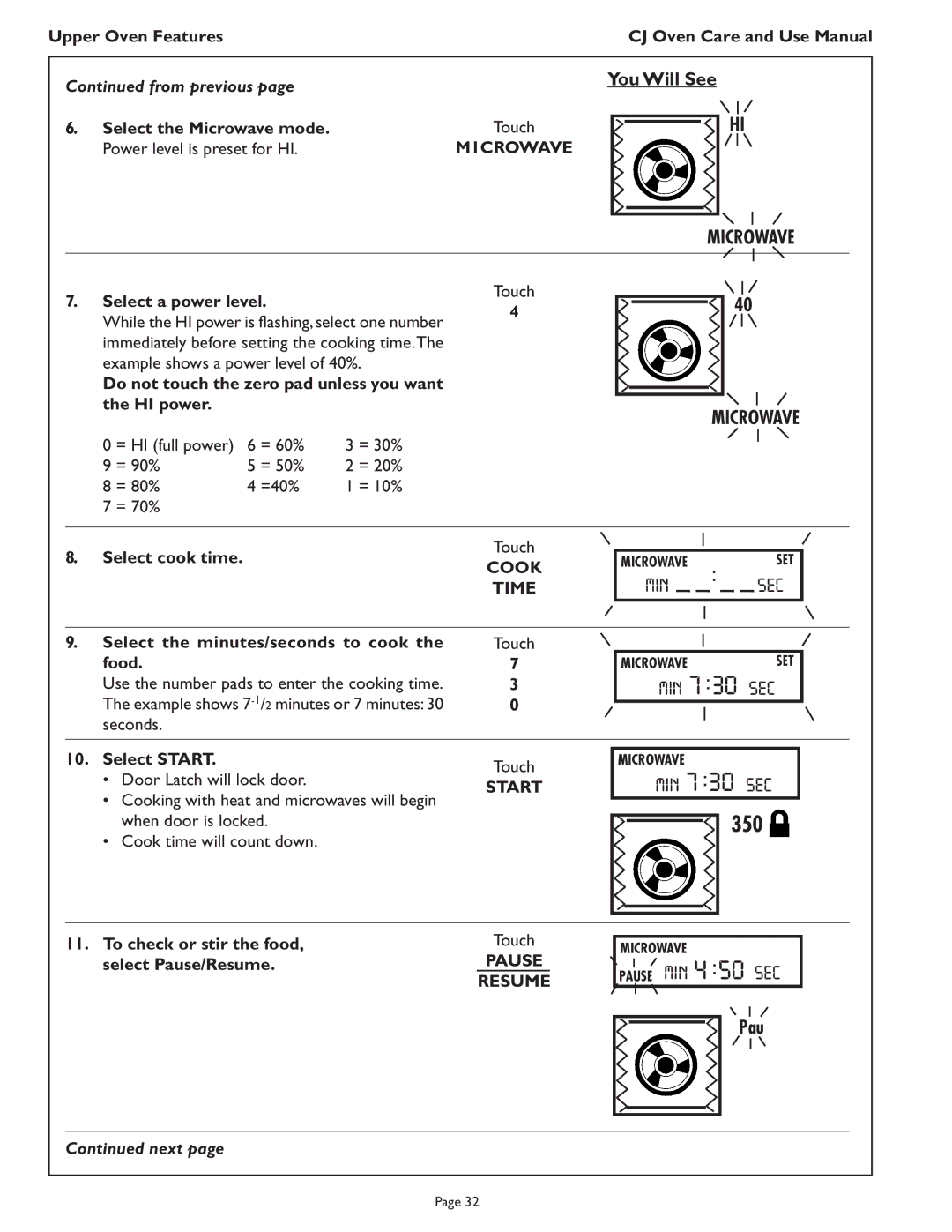 Thermador CJ302 manual Pau, Cook Time 