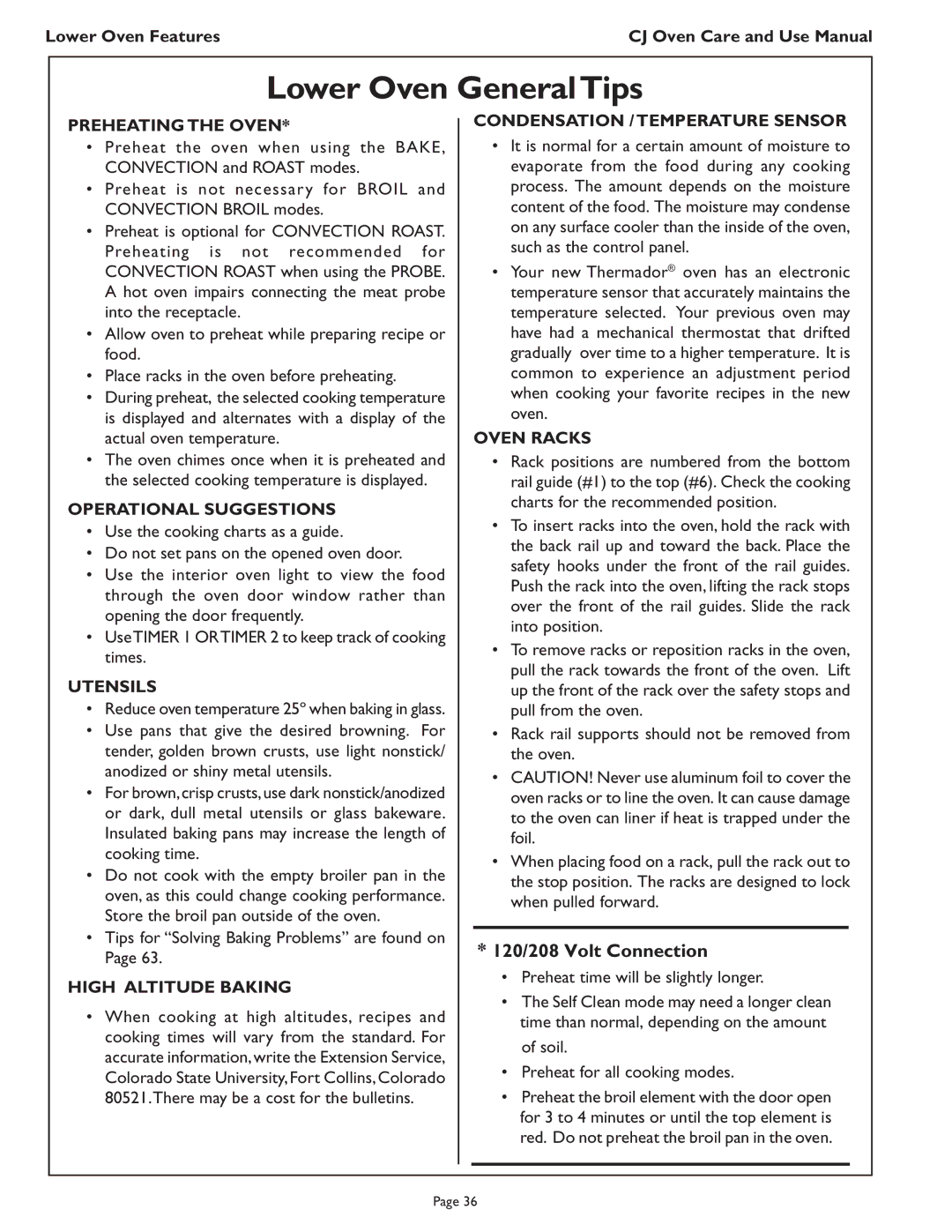 Thermador CJ302 manual Lower Oven GeneralTips, 120/208 Volt Connection 