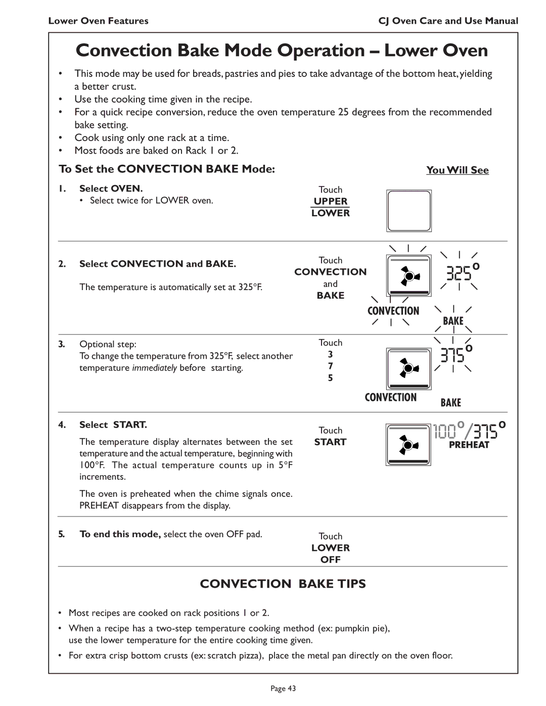 Thermador CJ302 manual Convection Bake Mode Operation Lower Oven, Convection Bake Tips, To Set the Convection Bake Mode 