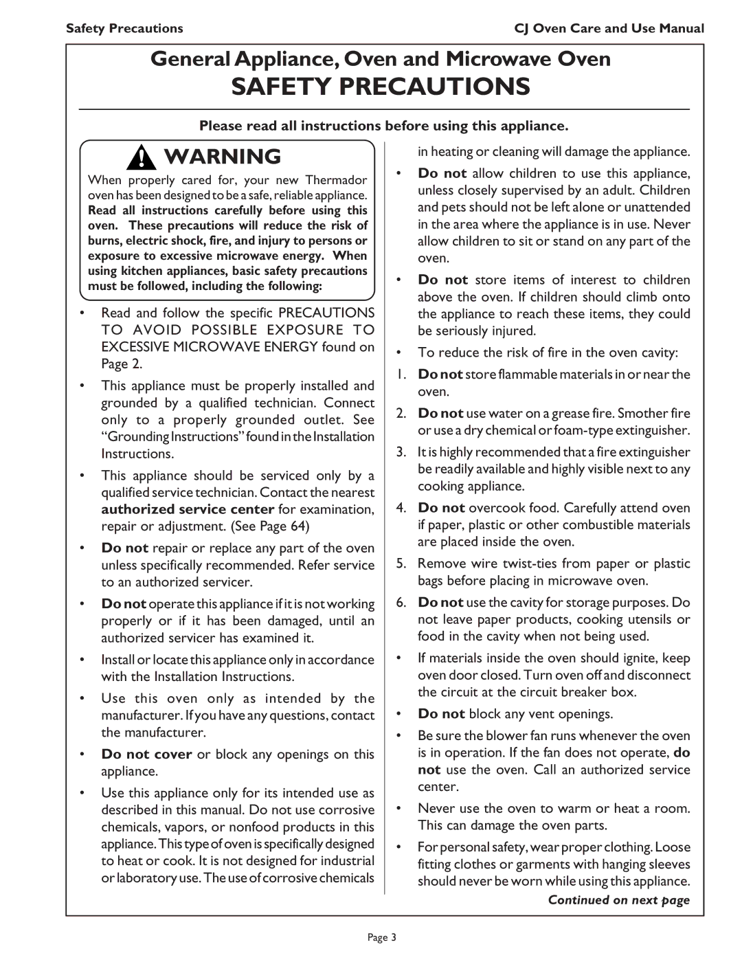 Thermador CJ302 manual General Appliance, Oven and Microwave Oven, Please read all instructions before using this appliance 