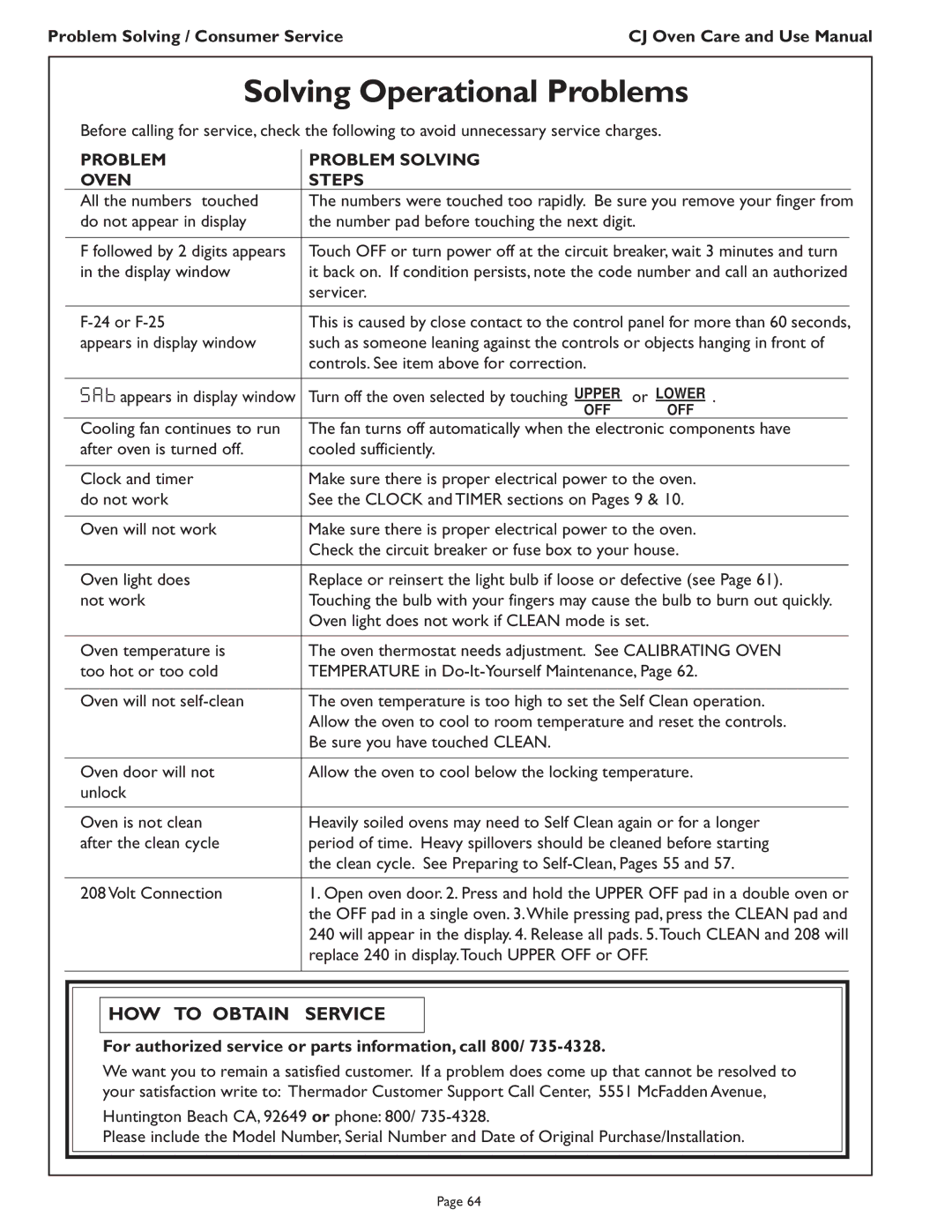 Thermador CJ302 manual Solving Operational Problems, HOW to Obtain Service, Problem Problem Solving Oven Steps 