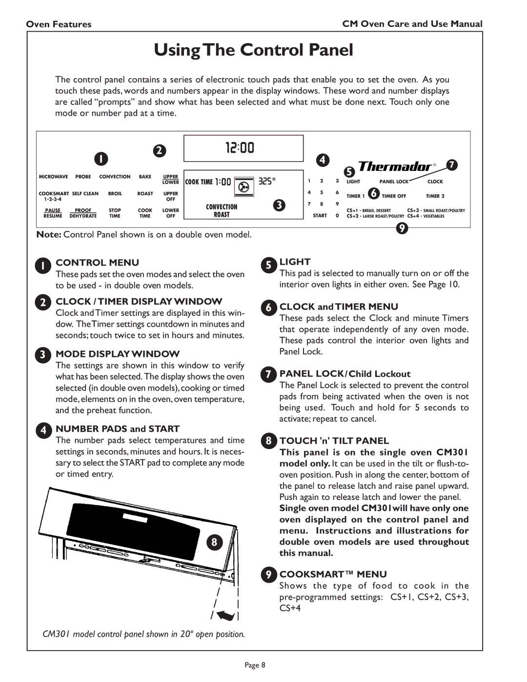 Thermador CM302 manual UsingThe Control Panel, Control Menu, Mode Display Window, Light, Cooksmart Menu 