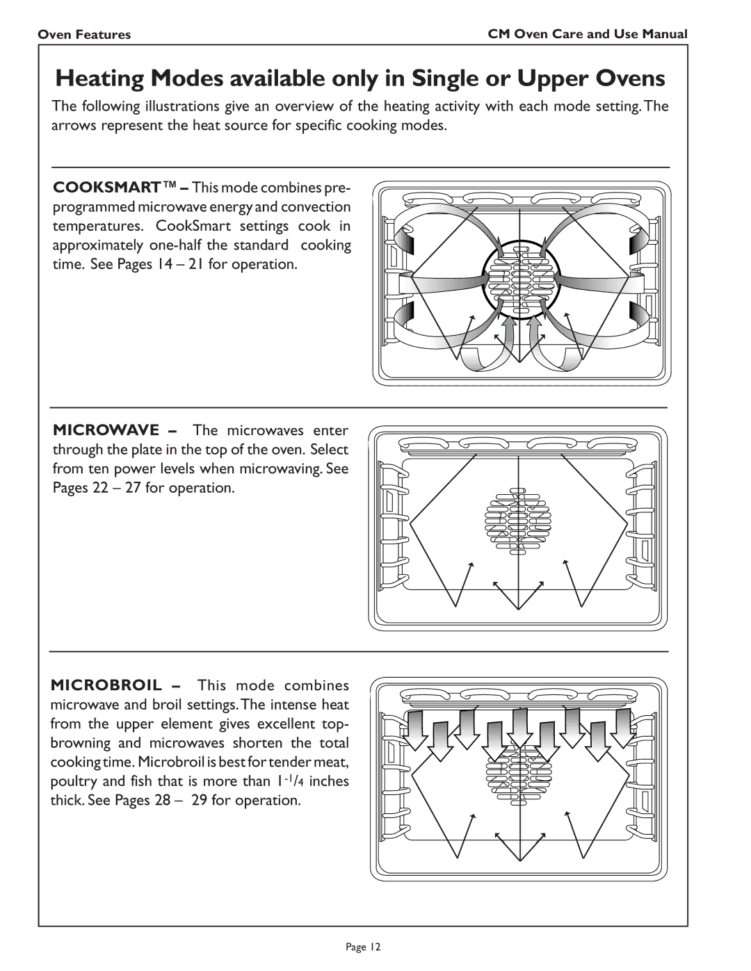 Thermador CM302 manual Heating Modes available only in Single or Upper Ovens 