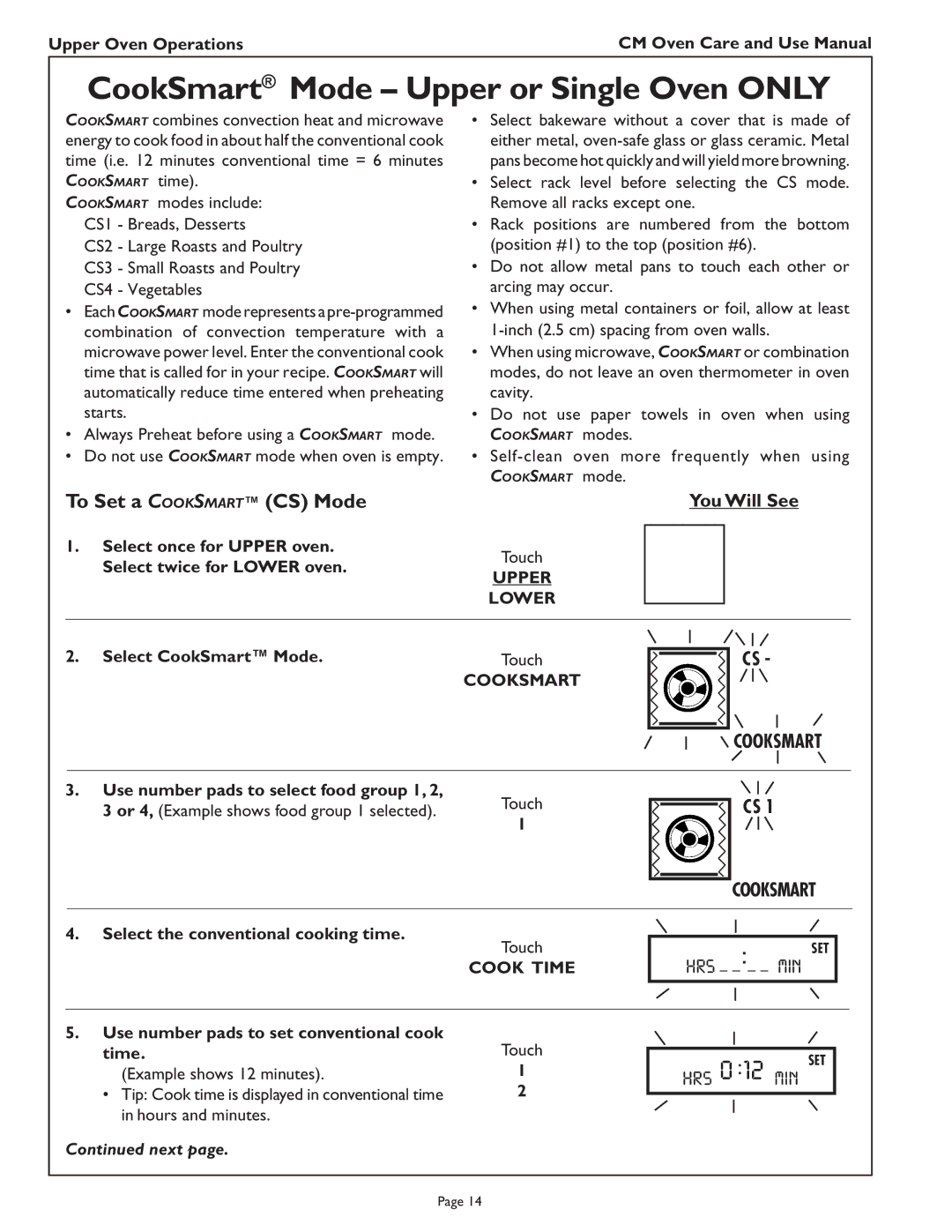 Thermador CM302 manual CookSmart Mode Upper or Single Oven only, To Set a Cooksmart CS Mode 