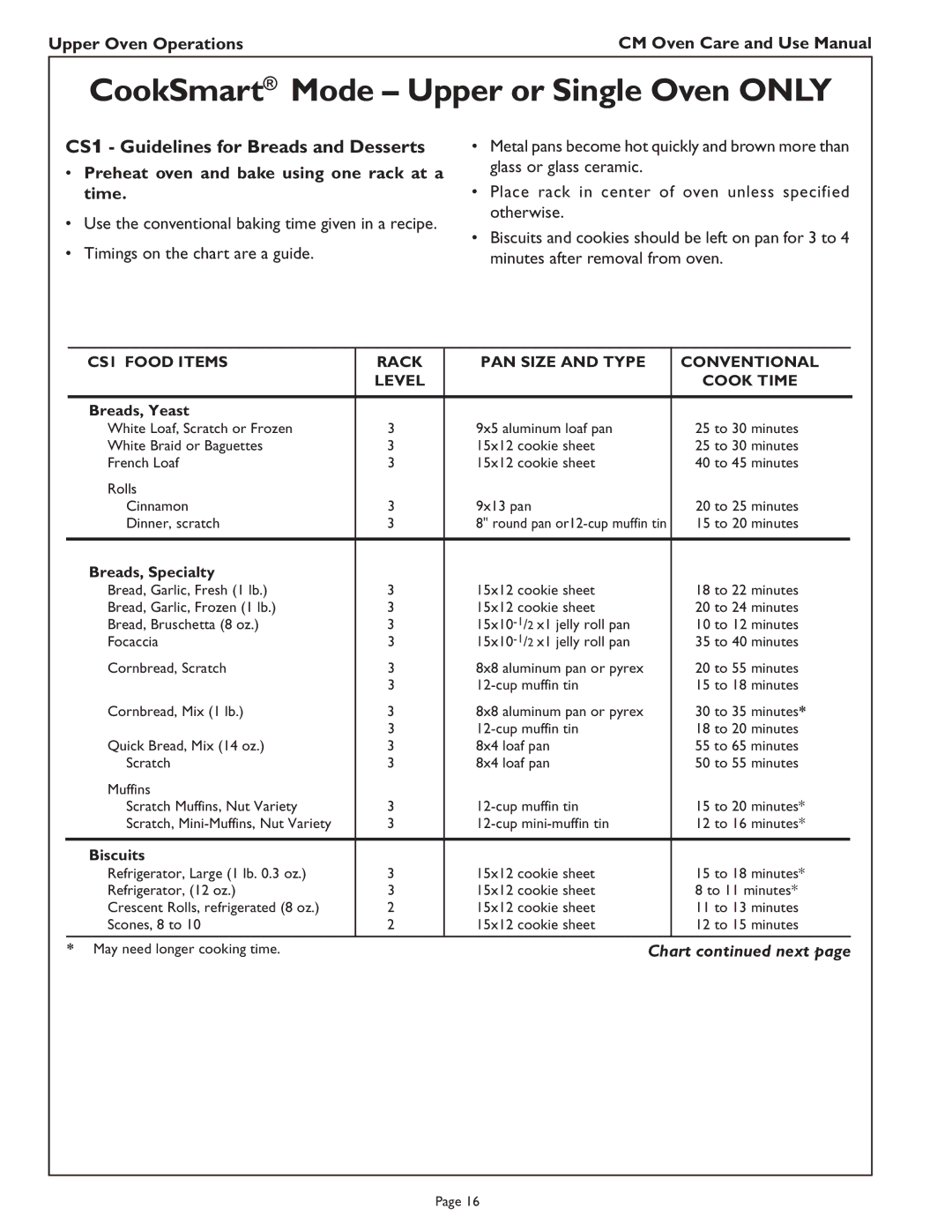 Thermador CM302 manual CS1 Guidelines for Breads and Desserts, Preheat oven and bake using one rack at a time 