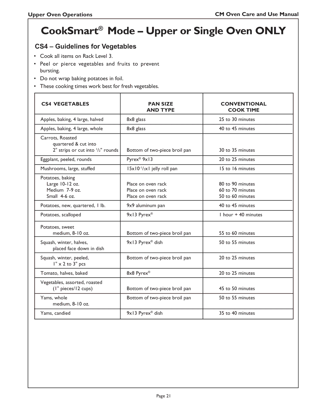 Thermador CM302 manual CS4 Ð Guidelines for Vegetables, CS4 Vegetables PAN Size Conventional Type Cook Time 