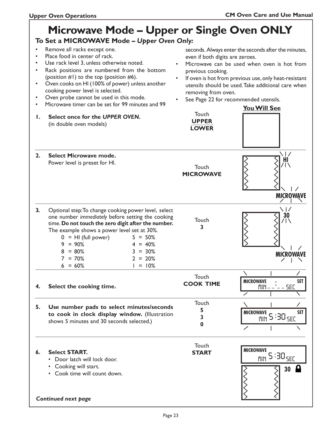 Thermador CM302 manual To Set a Microwave Mode Upper Oven Only, Cook Time 