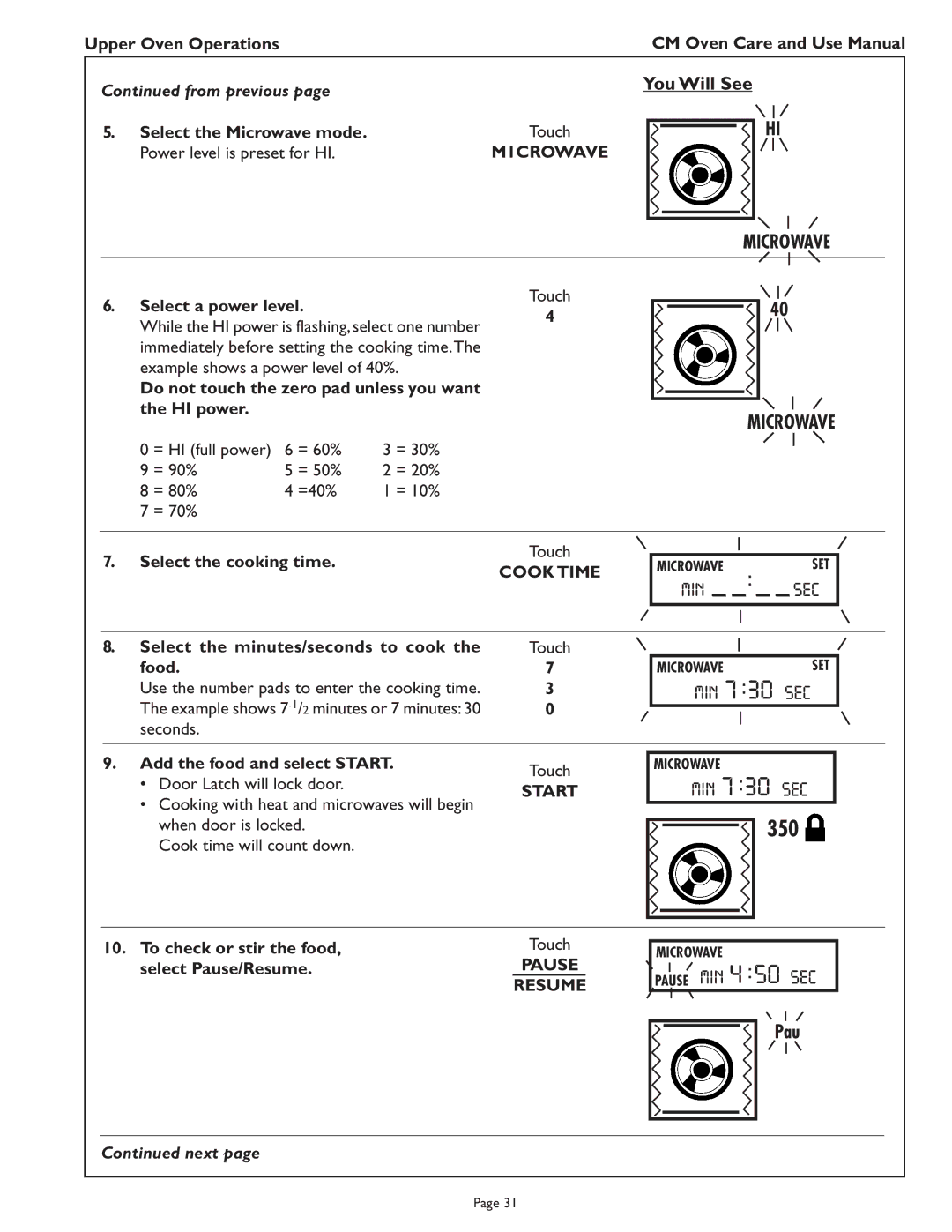 Thermador CM302 Select a power level, Do not touch the zero pad unless you want HI power, Seconds, Select Pause/Resume 