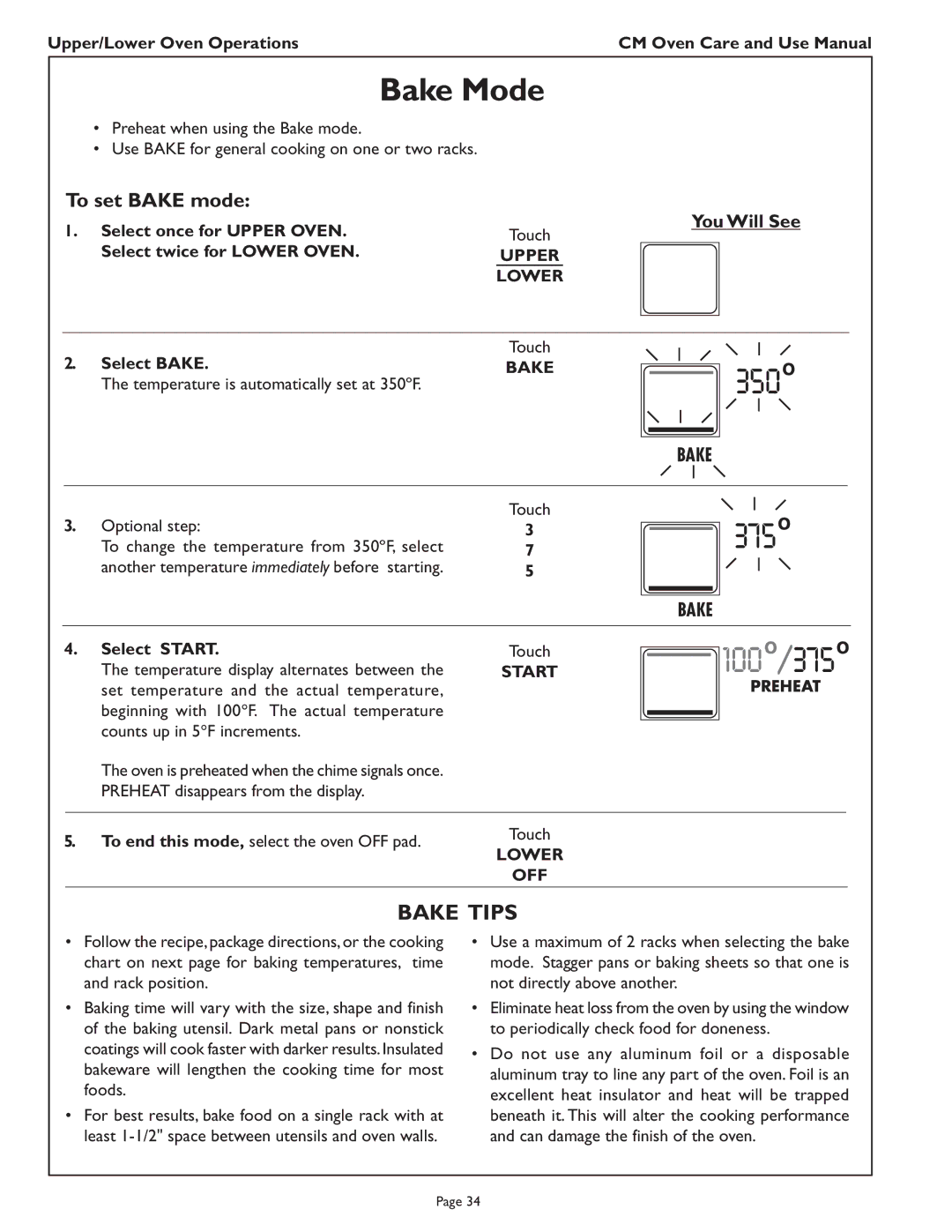 Thermador CM302 manual Bake Mode, Bake Tips, To set Bake mode 