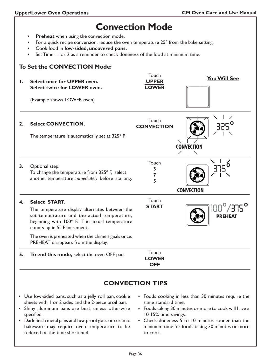 Thermador CM302 manual Convection Tips, To Set the Convection Mode 