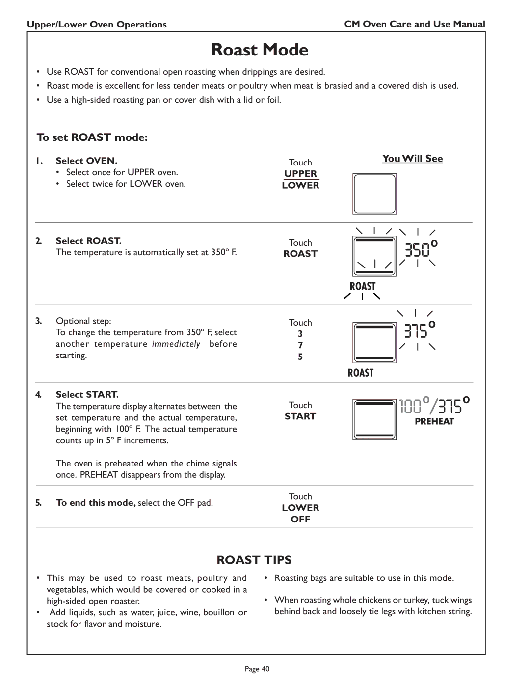 Thermador CM302 manual Roast Mode, Roast Tips, To set Roast mode 