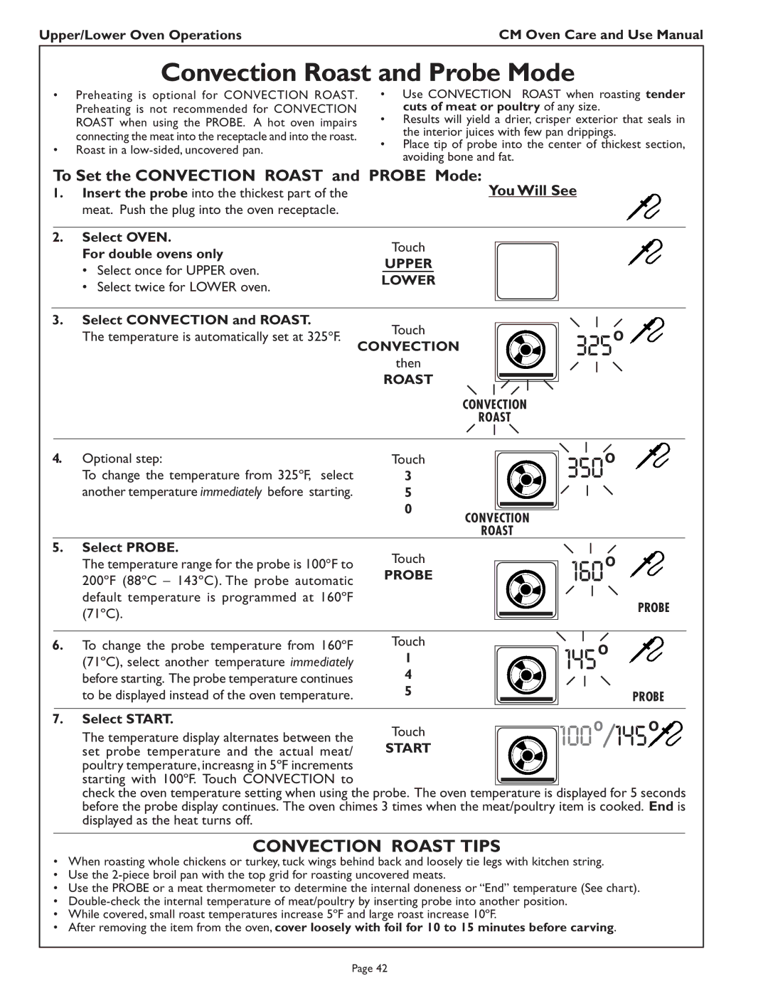 Thermador CM302 manual Convection Roast Tips, To Set the Convection Roast and Probe Mode 