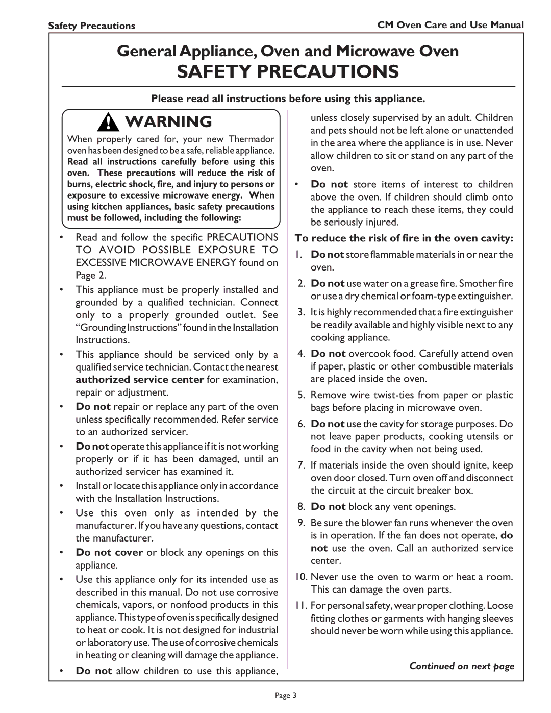 Thermador CM302 Please read all instructions before using this appliance, To reduce the risk of fire in the oven cavity 