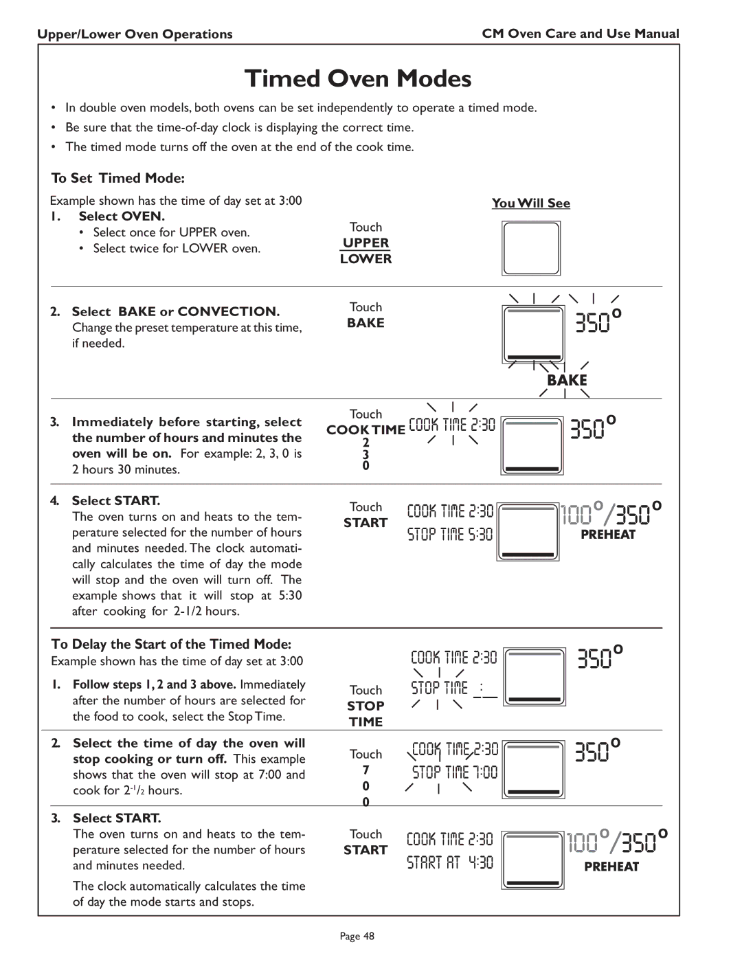 Thermador CM302 manual Timed Oven Modes, To Set Timed Mode, To Delay the Start of the Timed Mode, Stop 