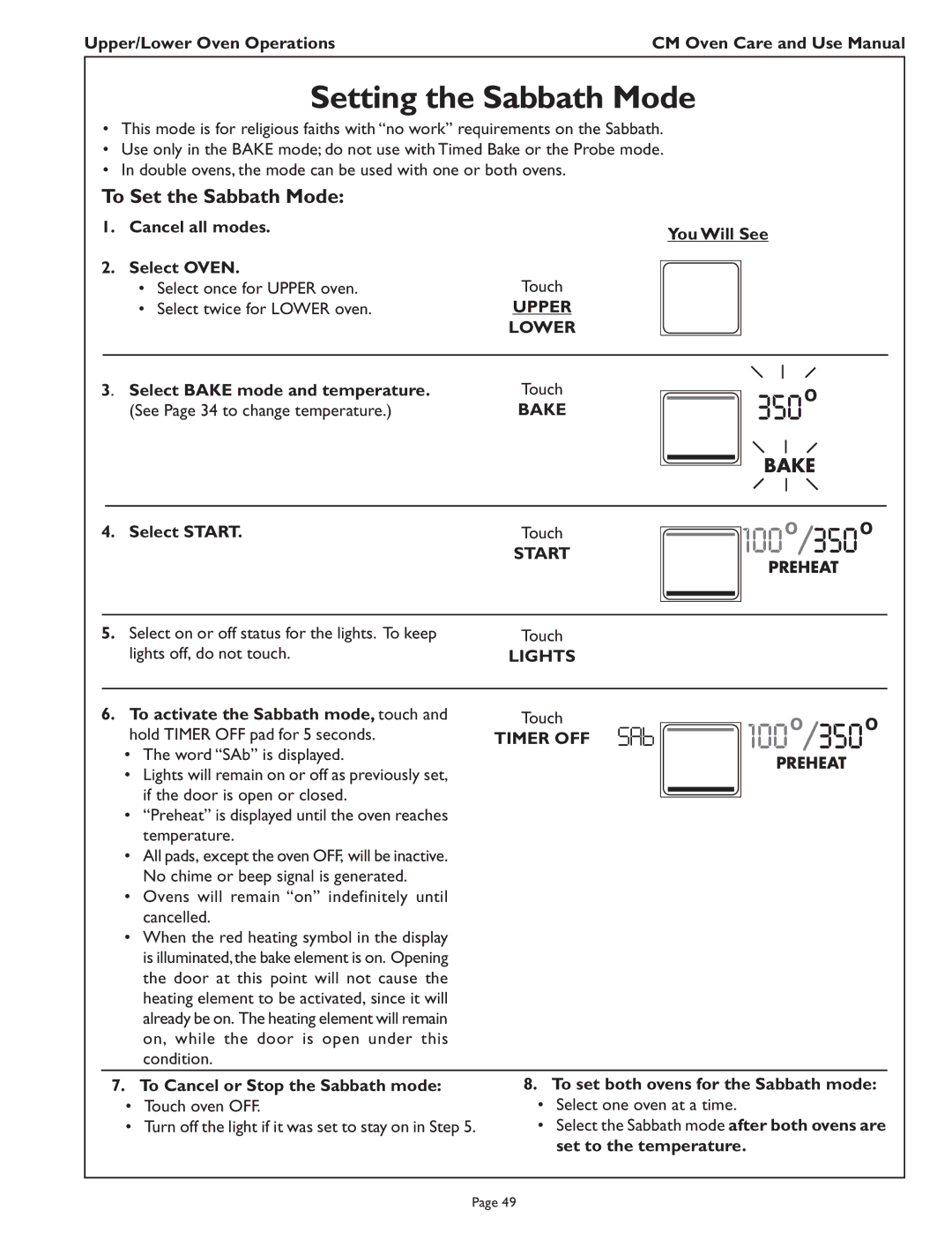 Thermador CM302 manual Setting the Sabbath Mode, To Set the Sabbath Mode, Lights 