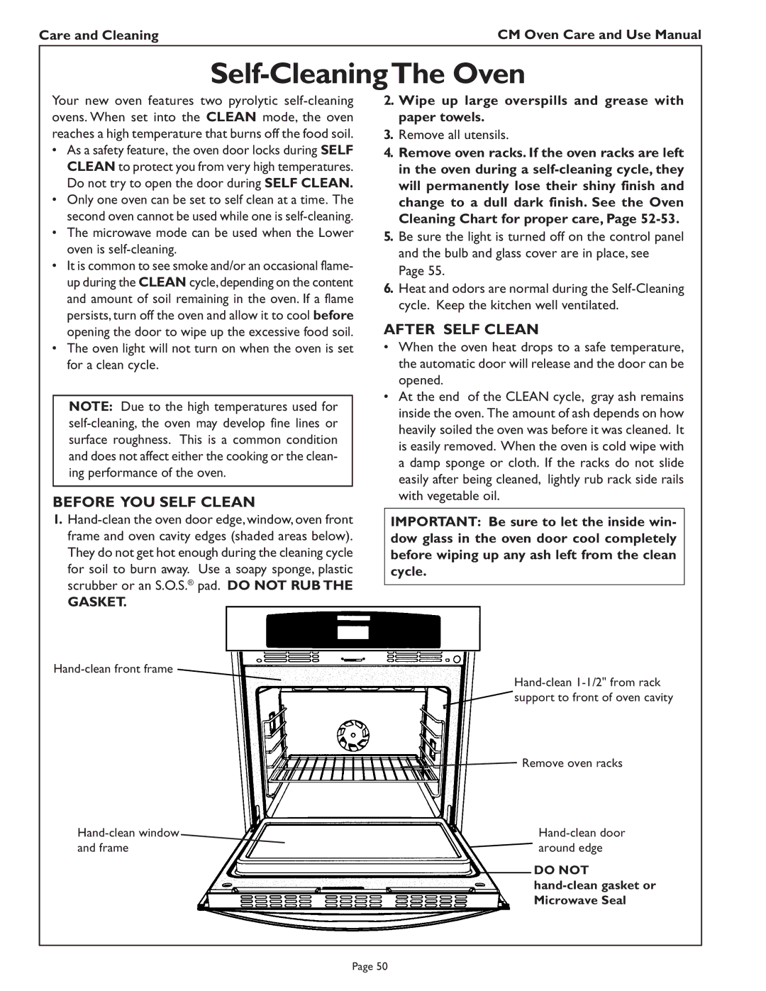 Thermador CM302 manual Before YOU Self Clean, After Self Clean, Care and Cleaning, Gasket 