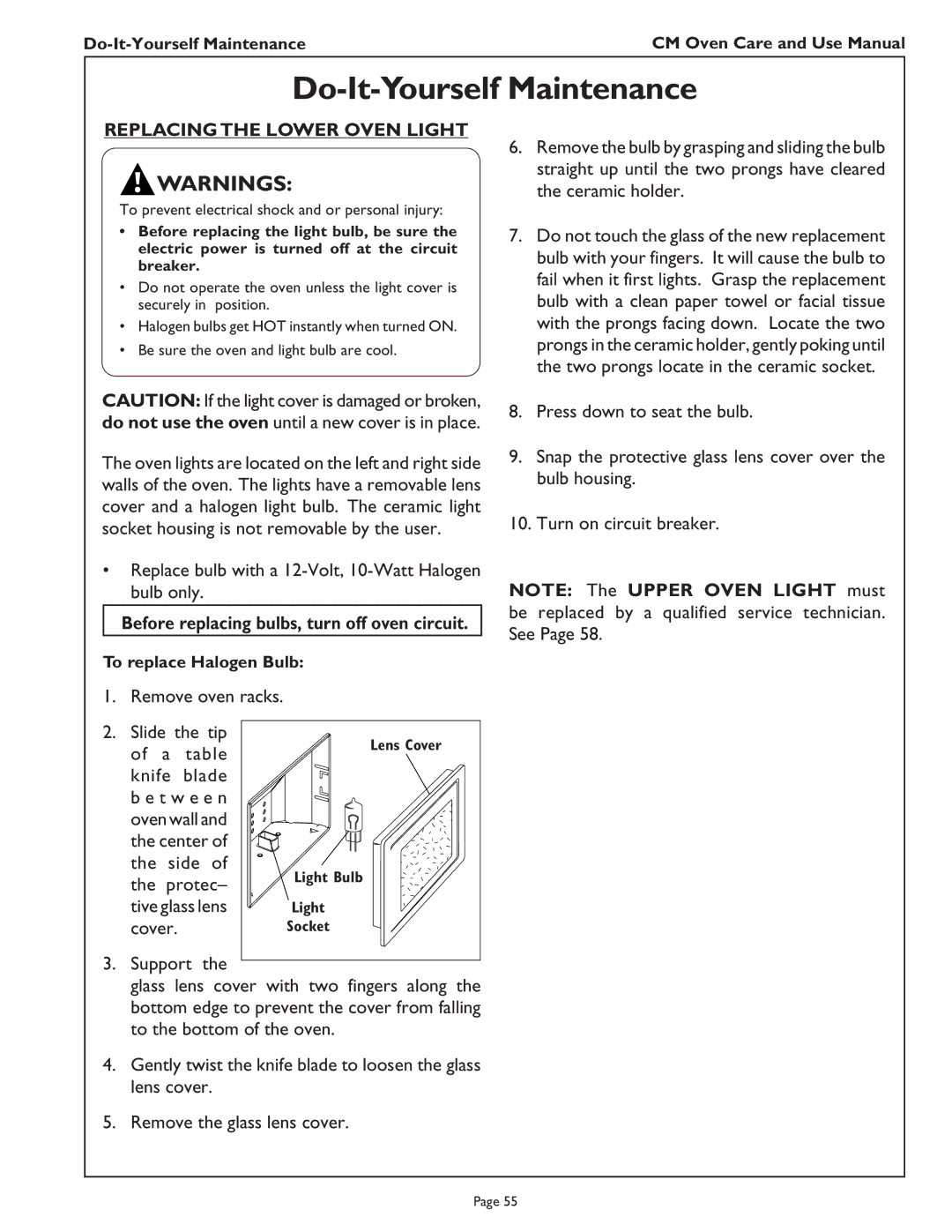 Thermador CM302 manual Replacing the Lower Oven Light, Blade 