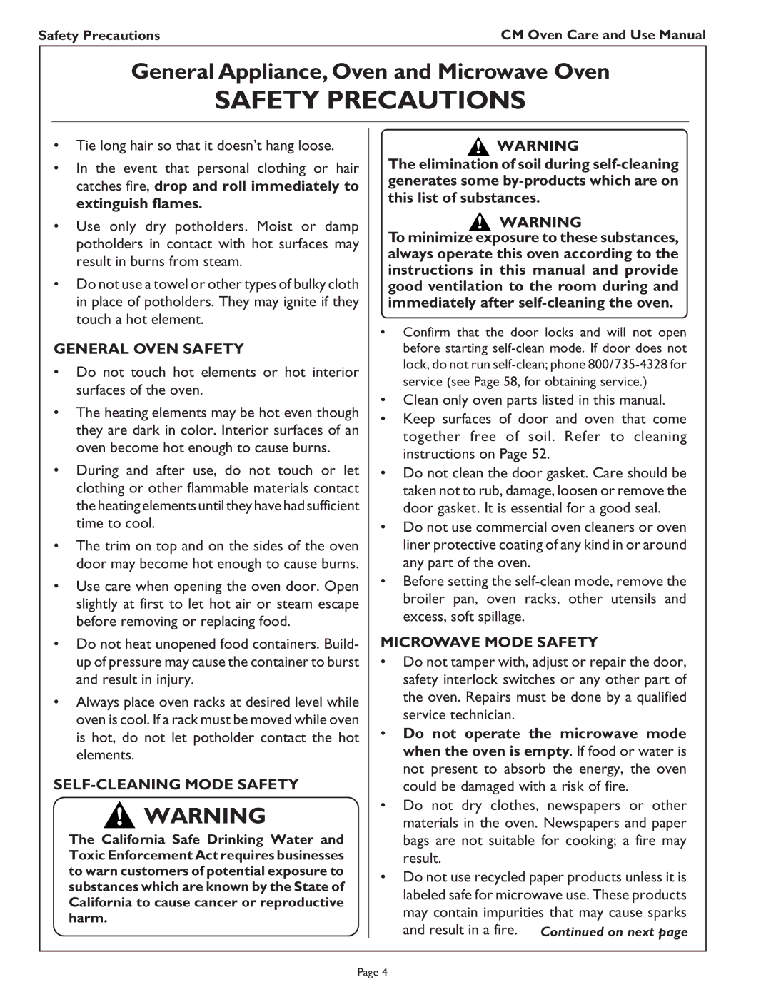 Thermador CM302 manual General Oven Safety, SELF-CLEANING Mode Safety, Microwave Mode Safety 