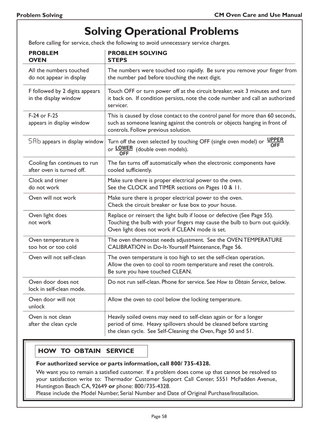 Thermador CM302 manual Solving Operational Problems, HOW to Obtain Service, Problem Problem Solving Oven Steps 