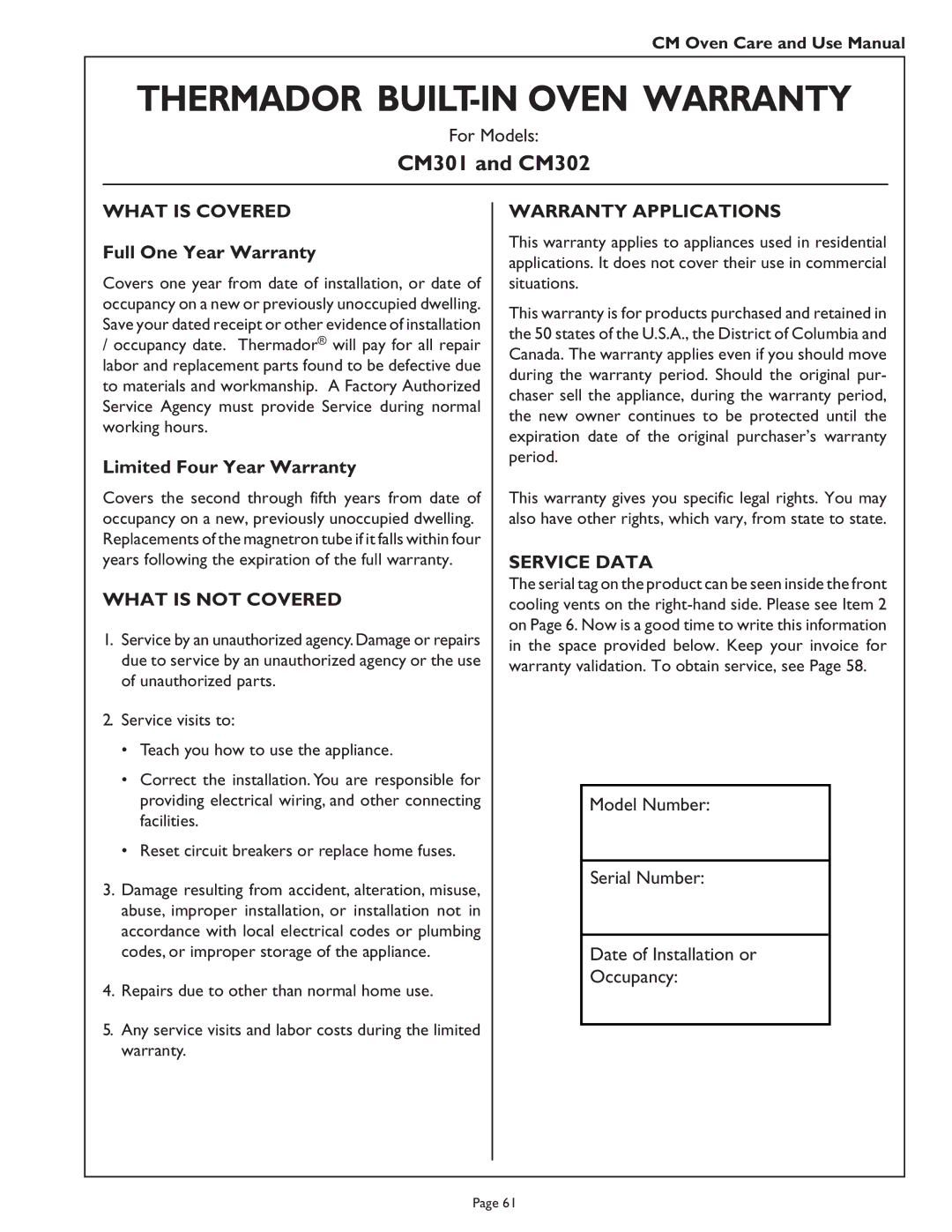 Thermador CM302 manual What is Covered, What is not Covered, Warranty Applications, Service Data 