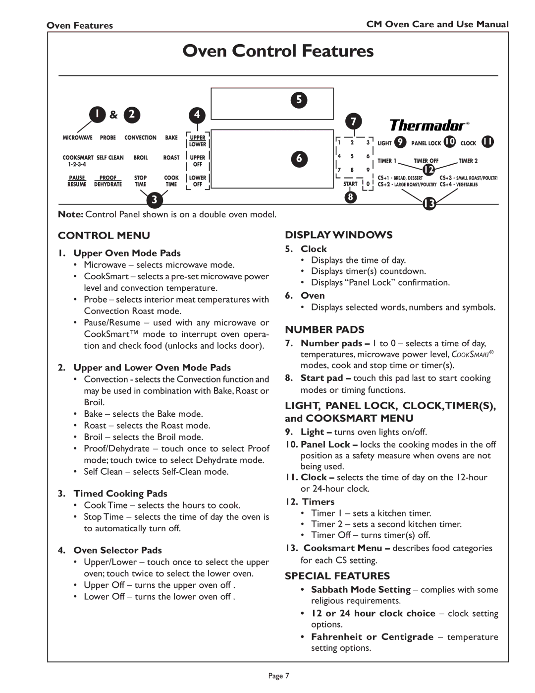 Thermador CM302 Oven Control Features, Number Pads, LIGHT, Panel LOCK, CLOCK,TIMERS, and Cooksmart Menu, Special Features 