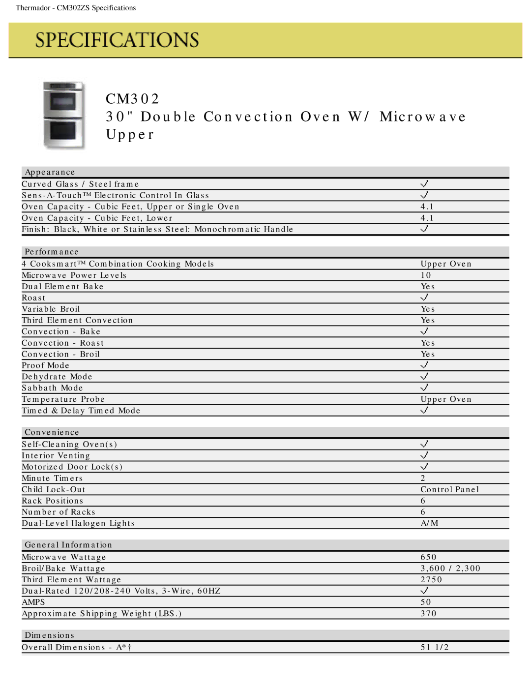 Thermador specifications CM302 Double Convection Oven W/ Microwave Upper, Amps 