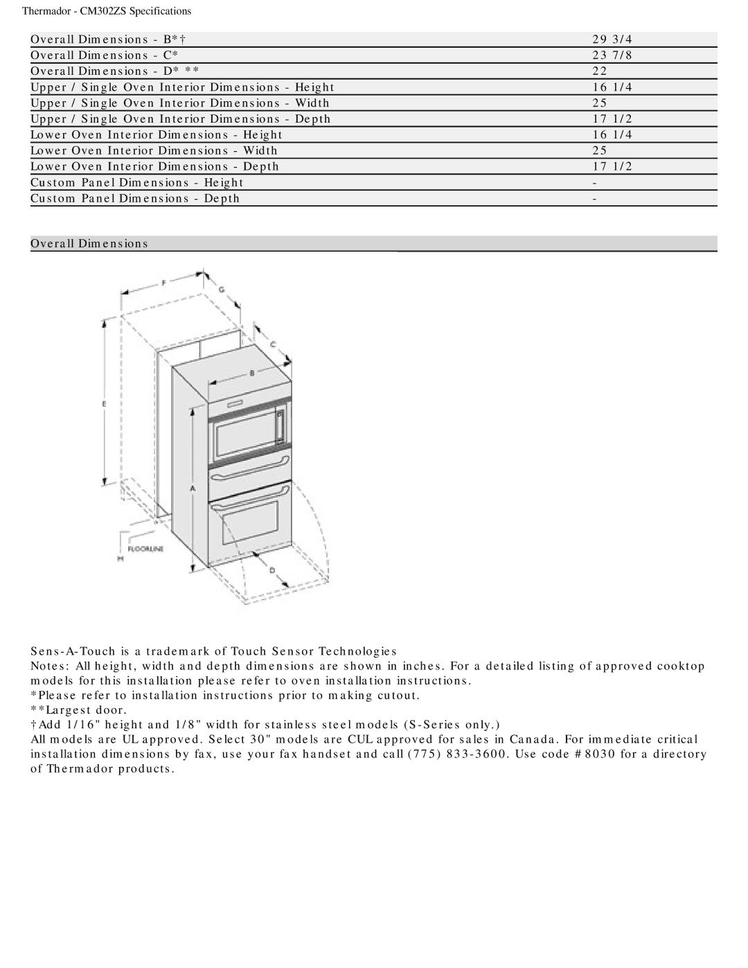 Thermador specifications Thermador CM302ZS Specifications 