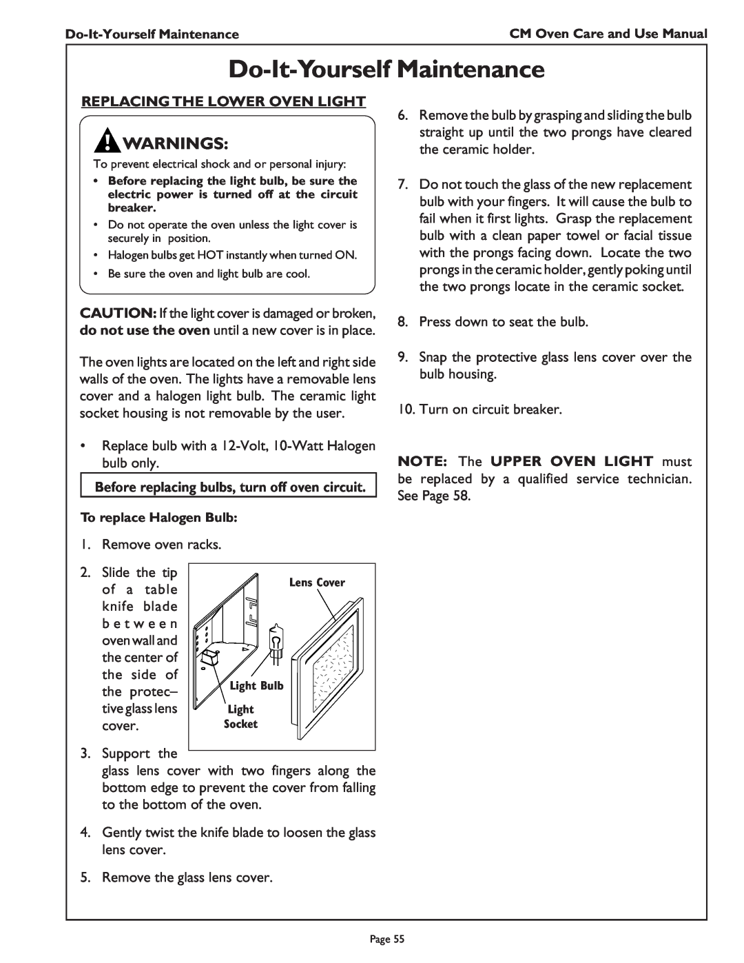 Thermador CM302 manual Warnings, Do-It-Yourself Maintenance, Replacing The Lower Oven Light 